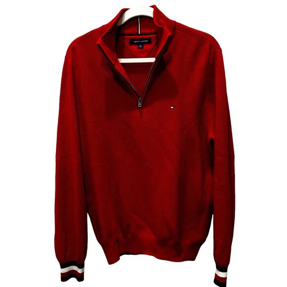 Tommy Hilfiger size Medium M red classic Henley quarter zip sweater - Picture 1 of 3